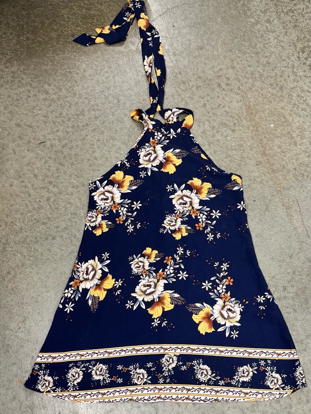 Navy Floral Halter Sundress with Yellow Accents